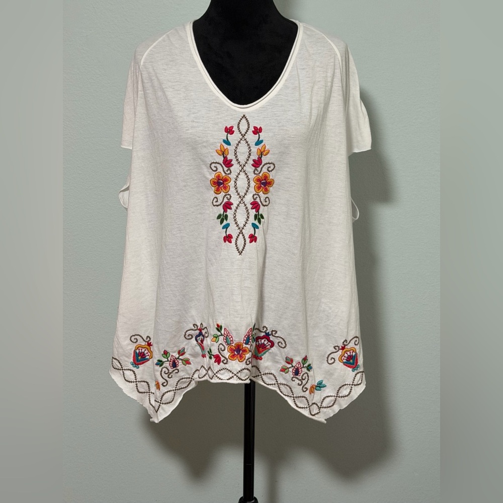Johnny Was White Short Sleeve Tee with Multicolor Floral Embroidery